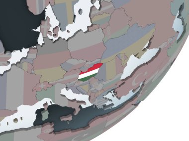 Macaristan katıştırılmış bayrak ile siyasi dünya üzerinde. 3D çizim.