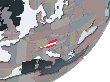 Avusturya katıştırılmış bayrak ile siyasi dünya üzerinde. 3D çizim.