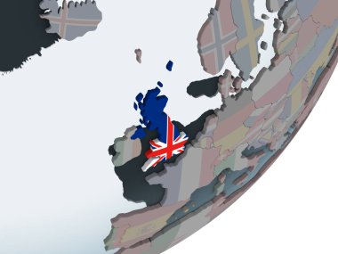 Katıştırılmış bayrak ile siyasi dünya üzerinde İngiltere. 3D çizim.