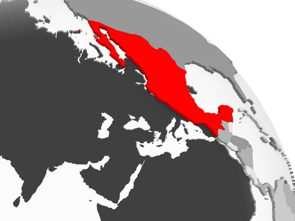 渲染墨西哥在红色在灰色政治地球与透明的海洋 — 图库照片