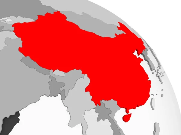 以红色渲染中国在灰色的政治地球上透明的海洋 — 图库照片