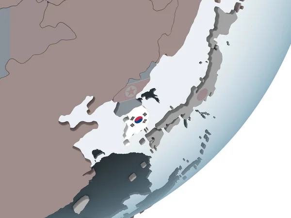 韩国政治地球与嵌入式国旗上 — 图库照片