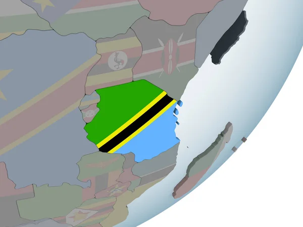 Tanzânia Globo Político Com Bandeira Embutida Ilustração — Fotografia de Stock
