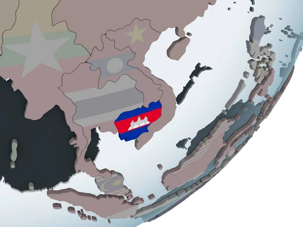Kambodzsa Politikai Globe Beágyazott Zászló Illusztráció — Stock Fotó