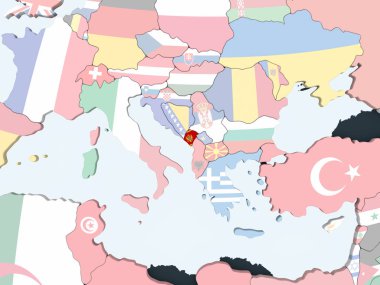 Karadağ katıştırılmış bayrak ile parlak siyasi dünya üzerinde. 3D çizim.