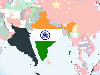 Hindistan katıştırılmış bayrak ile parlak siyasi dünya üzerinde. 3D çizim.