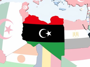 Libya katıştırılmış bayrak ile parlak siyasi dünya üzerinde. 3D çizim.