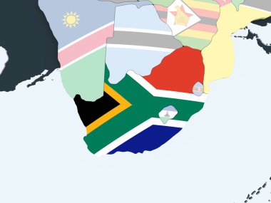 Güney Afrika katıştırılmış bayrak ile parlak siyasi dünya üzerinde. 3D çizim.