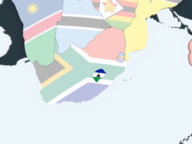 Lesotho katıştırılmış bayrak ile parlak siyasi dünya üzerinde. 3D çizim.
