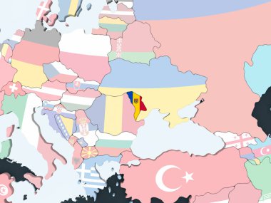 Moldova katıştırılmış bayrak ile parlak siyasi dünya üzerinde. 3D çizim.