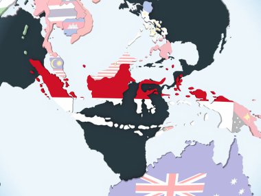 Endonezya katıştırılmış bayrak ile parlak siyasi dünya üzerinde. 3D çizim.