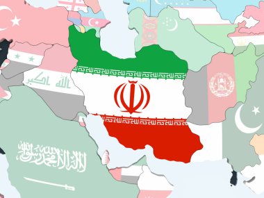 Iran katıştırılmış bayrak ile parlak siyasi dünya üzerinde. 3D çizim.