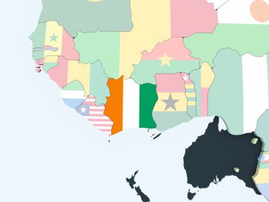 Fildişi Sahili katıştırılmış bayrak ile parlak siyasi dünya üzerinde. 3D çizim.