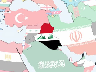 Irak katıştırılmış bayrak ile parlak siyasi dünya üzerinde. 3D çizim.