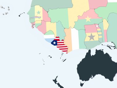 Liberya katıştırılmış bayrak ile parlak siyasi dünya üzerinde. 3D çizim.
