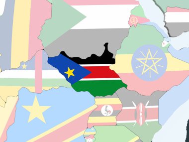 Güney Sudan katıştırılmış bayrak ile parlak siyasi dünya üzerinde. 3D çizim.