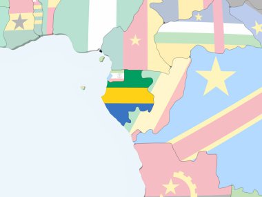 Gabon katıştırılmış bayrak ile parlak siyasi dünya üzerinde. 3D çizim.