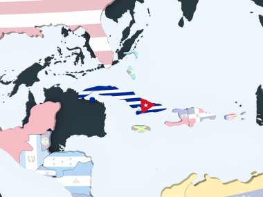 Küba katıştırılmış bayrak ile parlak siyasi dünya üzerinde. 3D çizim.