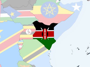 Kenya katıştırılmış bayrak ile parlak siyasi dünya üzerinde. 3D çizim.