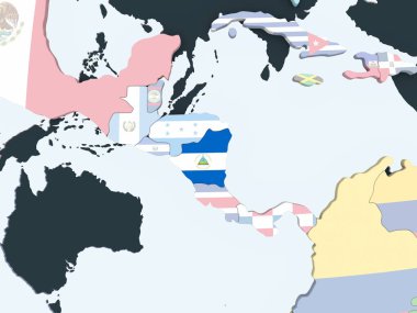 Nikaragua katıştırılmış bayrak ile parlak siyasi dünya üzerinde. 3D çizim.