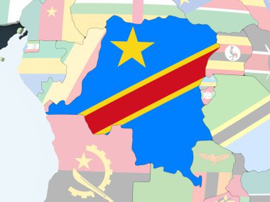 Demokratik Kongo Cumhuriyeti katıştırılmış bayrak ile parlak siyasi dünya üzerinde. 3D çizim.