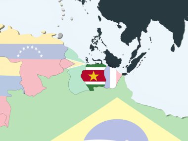 Surinam katıştırılmış bayrak ile parlak siyasi dünya üzerinde. 3D çizim.