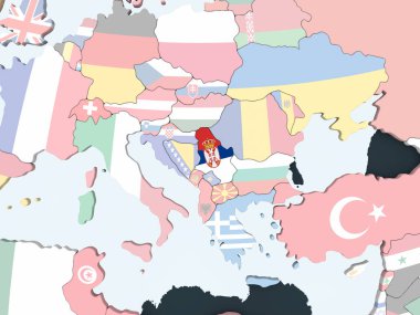 Sırbistan katıştırılmış bayrak ile parlak siyasi dünya üzerinde. 3D çizim.