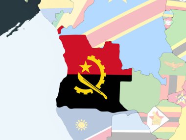 Angola katıştırılmış bayrak ile parlak siyasi dünya üzerinde. 3D çizim.