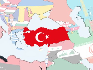 Türkiye katıştırılmış bayrak ile parlak siyasi dünya üzerinde. 3D çizim.