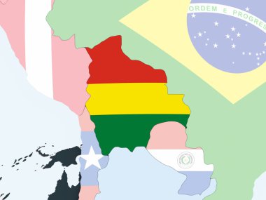 Bolivya katıştırılmış bayrak ile parlak siyasi dünya üzerinde. 3D çizim.