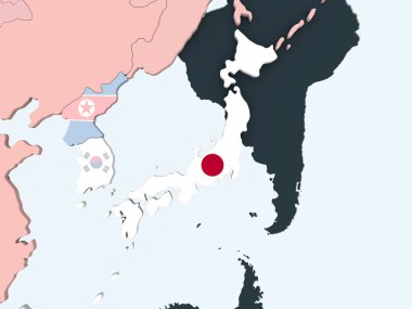 Japonya ile parlak siyasi dünya üzerinde bayrak gömülü. 3D çizim.