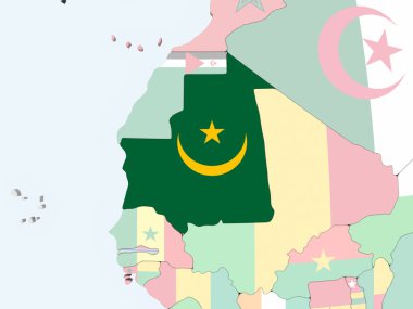 Moritanya katıştırılmış bayrak ile parlak siyasi dünya üzerinde. 3D çizim.