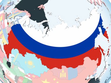 Rusya katıştırılmış bayrak ile parlak siyasi dünya üzerinde. 3D çizim.