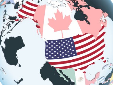 ABD katıştırılmış bayrak ile parlak siyasi dünya üzerinde. 3D çizim.