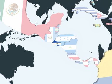 El Salvador katıştırılmış bayrak ile parlak siyasi dünya üzerinde. 3D çizim.
