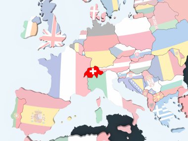 İsviçre katıştırılmış bayrak ile parlak siyasi dünya üzerinde. 3D çizim.