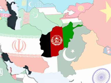 Afganistan katıştırılmış bayrak ile parlak siyasi dünya üzerinde. 3D çizim.