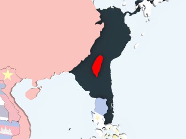 Tayvan katıştırılmış bayrak ile parlak siyasi dünya üzerinde. 3D çizim.