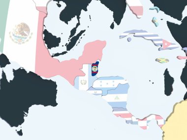 Belize katıştırılmış bayrak ile parlak siyasi dünya üzerinde. 3D çizim.