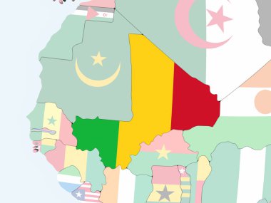 Mali katıştırılmış bayrak ile parlak siyasi dünya üzerinde. 3D çizim.