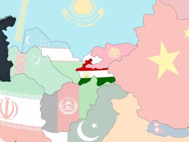 Tacikistan katıştırılmış bayrak ile parlak siyasi dünya üzerinde. 3D çizim.
