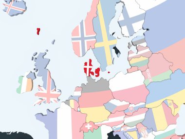 Danimarka katıştırılmış bayrak ile parlak siyasi dünya üzerinde. 3D çizim.