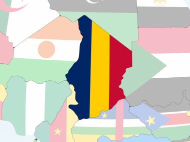 Chad katıştırılmış bayrak ile parlak siyasi dünya üzerinde. 3D çizim.