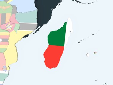 Madagaskar katıştırılmış bayrak ile parlak siyasi dünya üzerinde. 3D çizim.