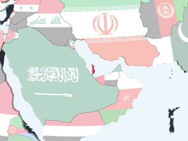 Katar katıştırılmış bayrak ile parlak siyasi dünya üzerinde. 3D çizim.