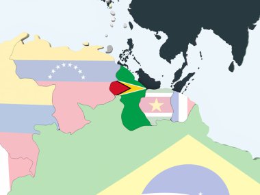 Guyana katıştırılmış bayrak ile parlak siyasi dünya üzerinde. 3D çizim.