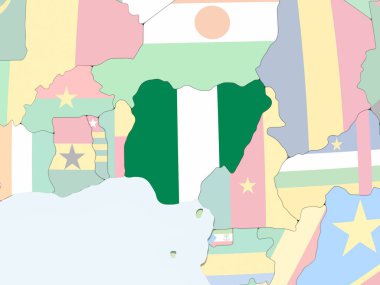 Nijerya katıştırılmış bayrak ile parlak siyasi dünya üzerinde. 3D çizim.