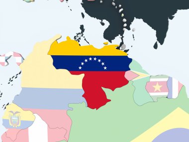 Venezuela katıştırılmış bayrak ile parlak siyasi dünya üzerinde. 3D çizim.