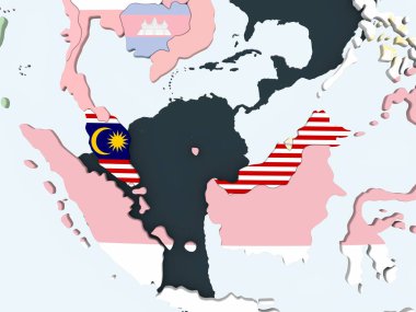 Malezya katıştırılmış bayrak ile parlak siyasi dünya üzerinde. 3D çizim.