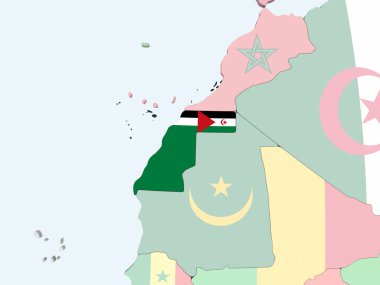 Batı Sahra katıştırılmış bayrak ile parlak siyasi dünya üzerinde. 3D çizim.